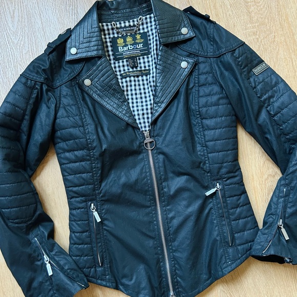 Barbour Women's Black Jacket Barbour Moto Jacket Women 4 Black Streak Tartan Zip - Picture 2 of 9